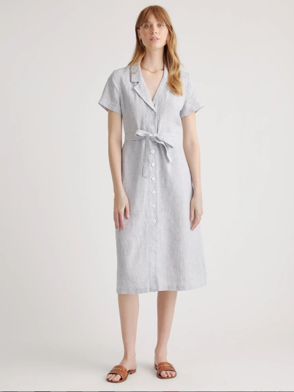 Quince 100% European Linen Button Front Dress Blue Pinstripe Size Small Pockets